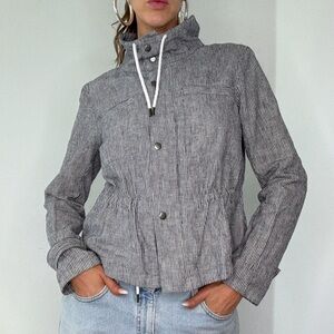 LOFT Navy Blue & White Striped Linen Blend Mock Neck Jacket